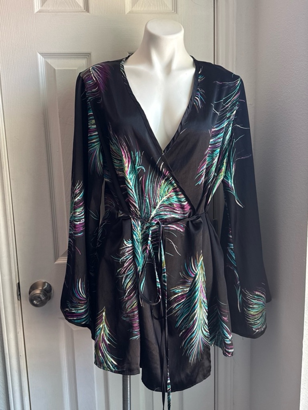 Satin Wrap Robe in Black with Teal & Purple Feather Motif